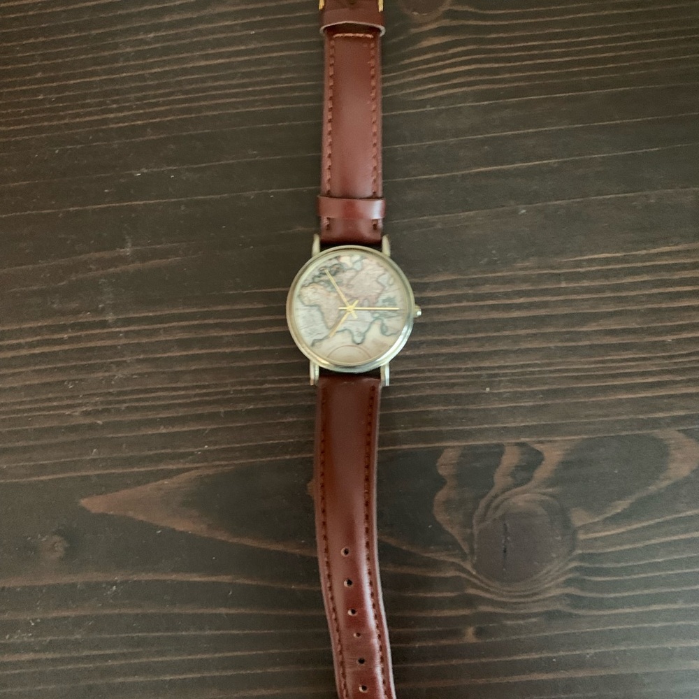 Brown Leather Strap Watch with Map Dial